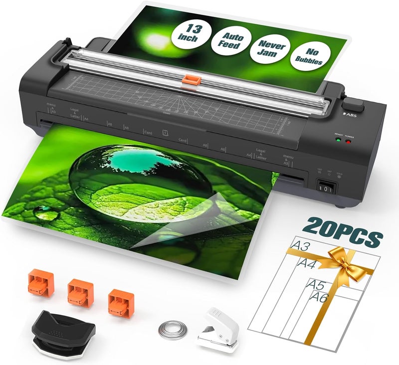 OidoZac 13 Inch Laminator Machine with Auto Paper Feed, Never Jam A3 Thermal & Cold Lamination, 20 Laminating Sheets, 10-in-1 Laminator with Cutter, Trimmer & Corner Rounder for Office School Home Use Black - Image 1